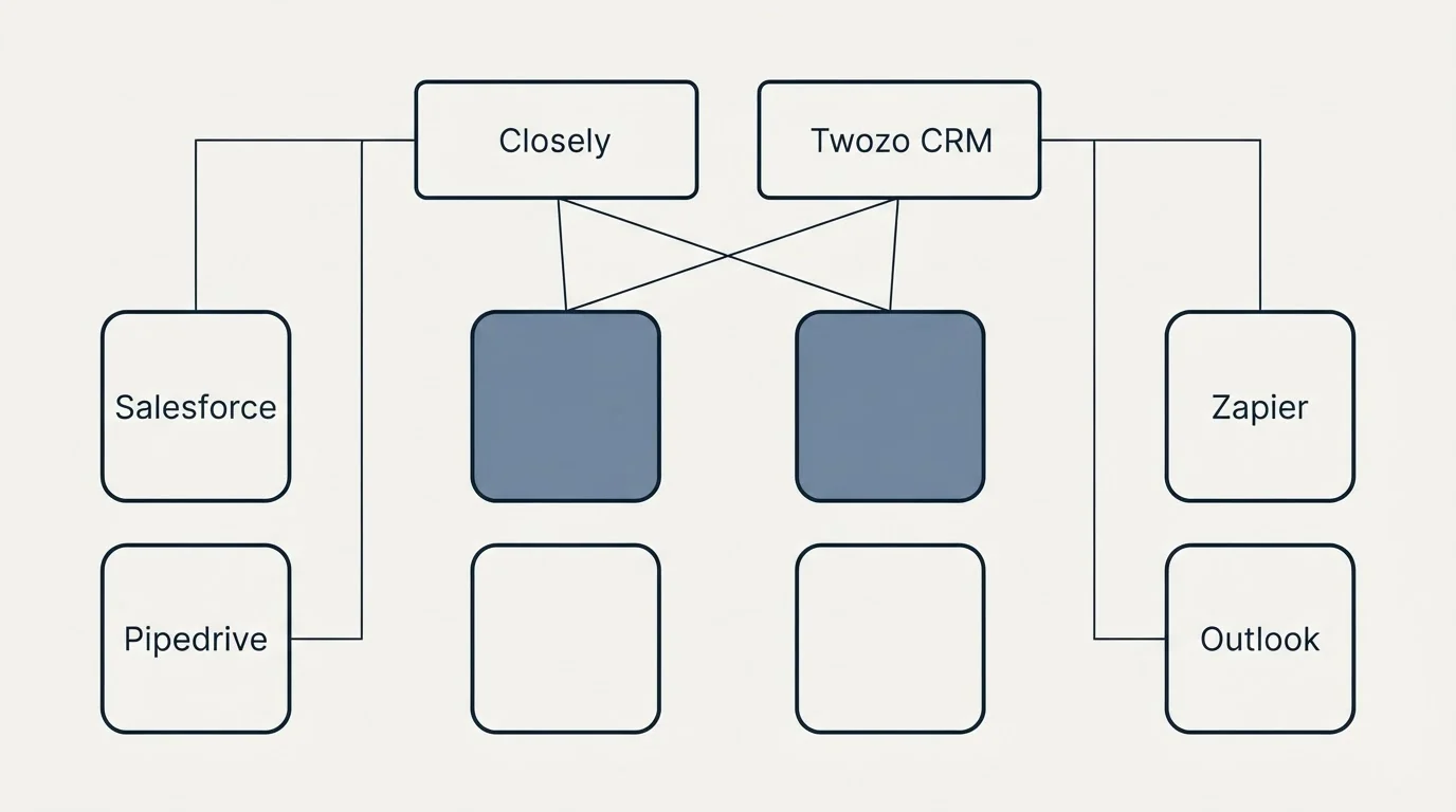 Integration grid: Integration Ecosystem (Closely, Twozo CRM, Salesforce, Zapier)