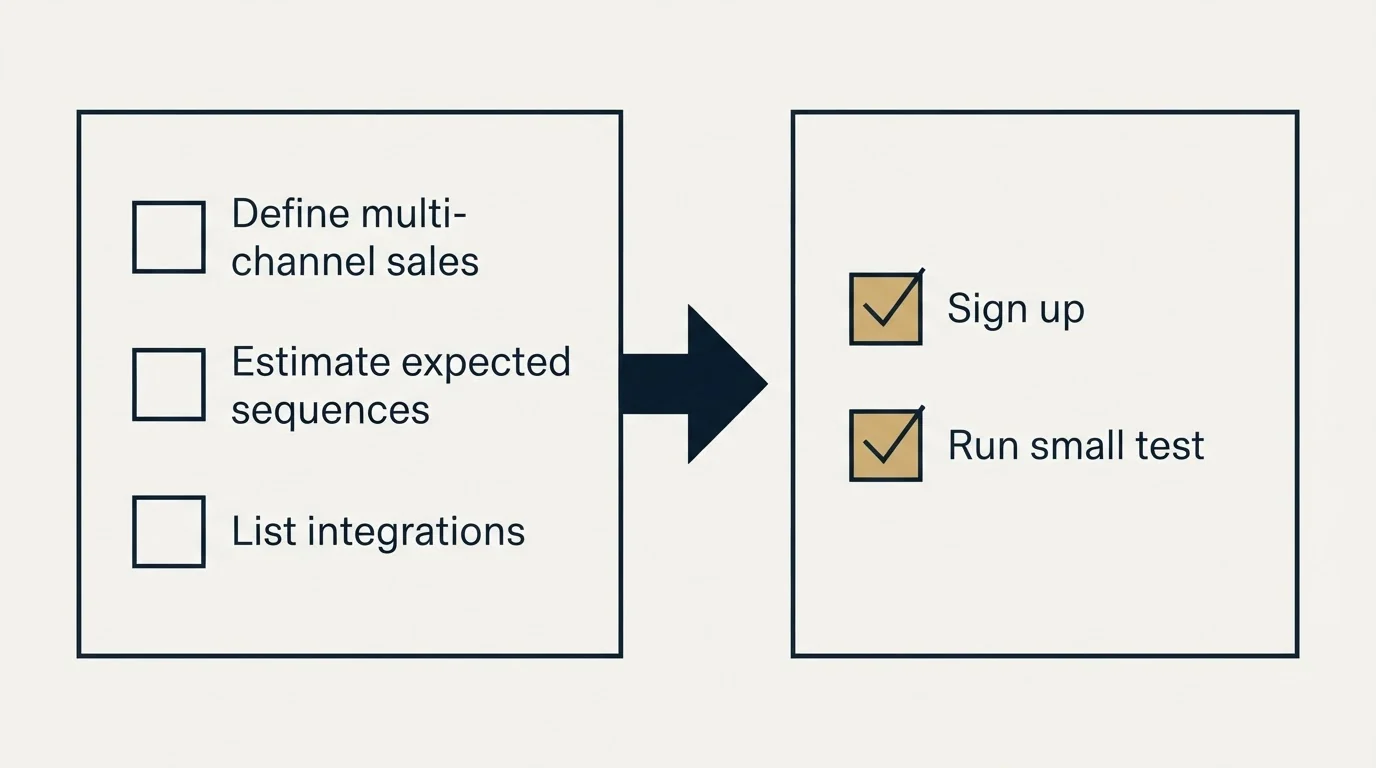 Before-and-after steps: Getting Started Checklist (Define multi-channel sales, Estimate expected sequences, List integrations, Sign up)