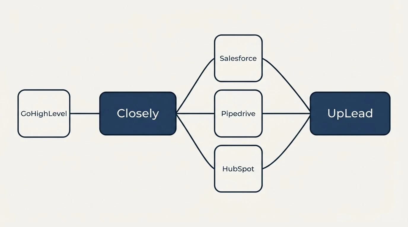 Integration schematic: Integration Ecosystem (Closely, UpLead, Salesforce, Pipedrive)