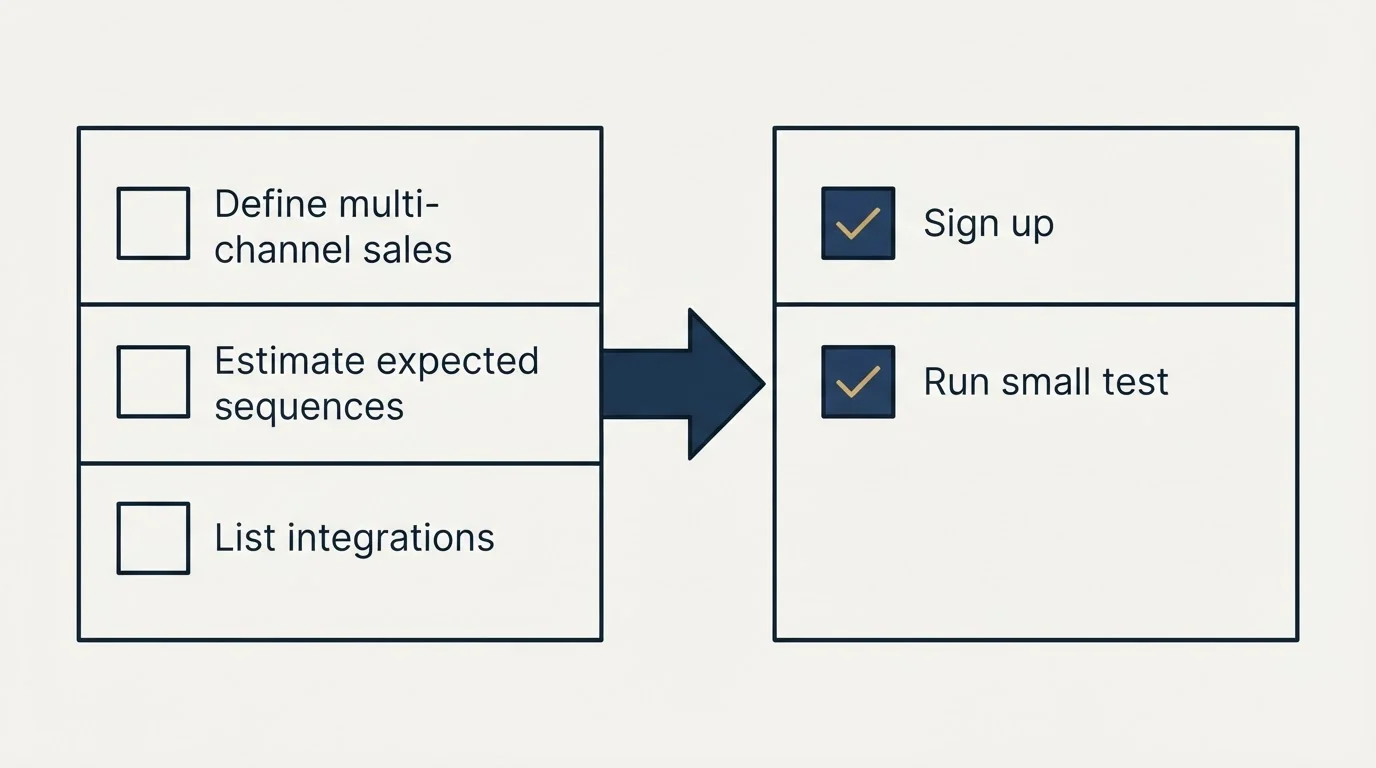 Before-and-after steps: Getting Started Checklist (Define multi-channel sales, Estimate expected sequences, List integrations, Sign up)