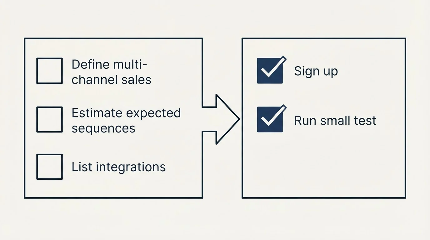 Before-and-after steps: Getting Started Checklist (Define multi-channel sales, Estimate expected sequences, List integrations, Sign up)