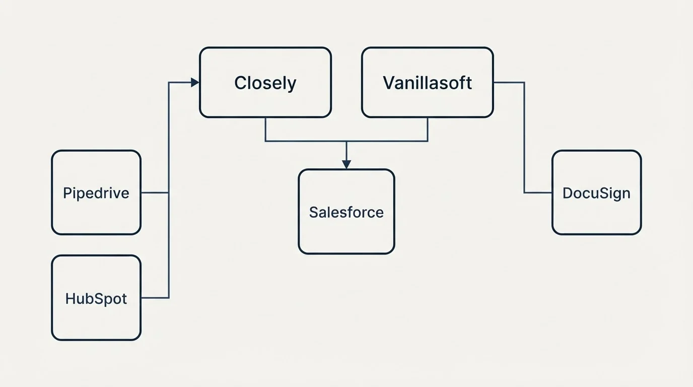 Integration grid: Integration Ecosystem (Closely, Vanillasoft, Salesforce, Pipedrive)