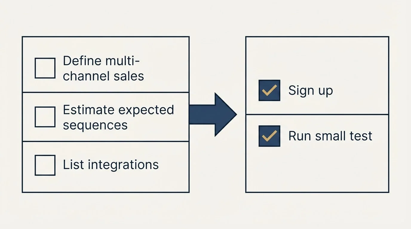 Before-and-after steps: Getting Started Checklist (Define multi-channel sales, Estimate expected sequences, List integrations, Sign up)