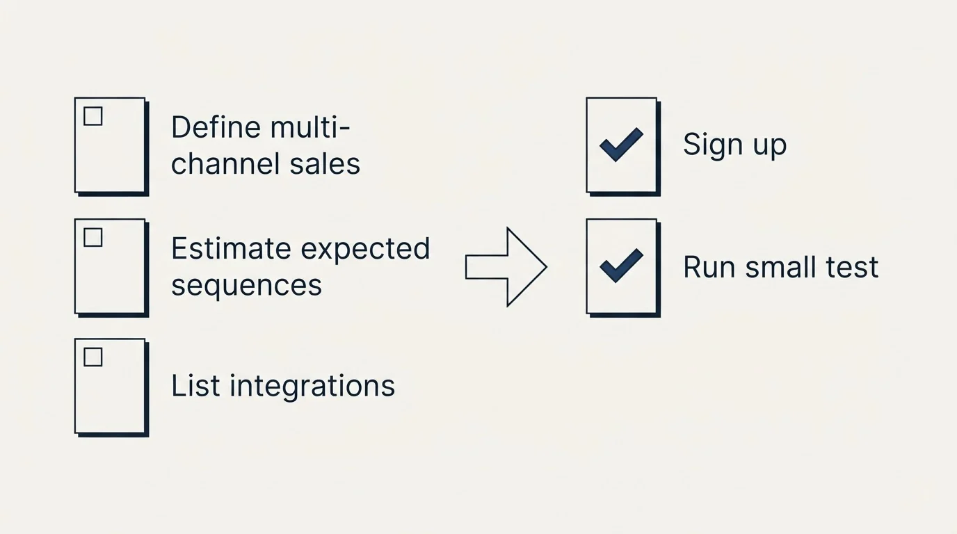 Before-and-after steps: Getting Started Checklist (Define multi-channel sales, Estimate expected sequences, List integrations, Sign up)