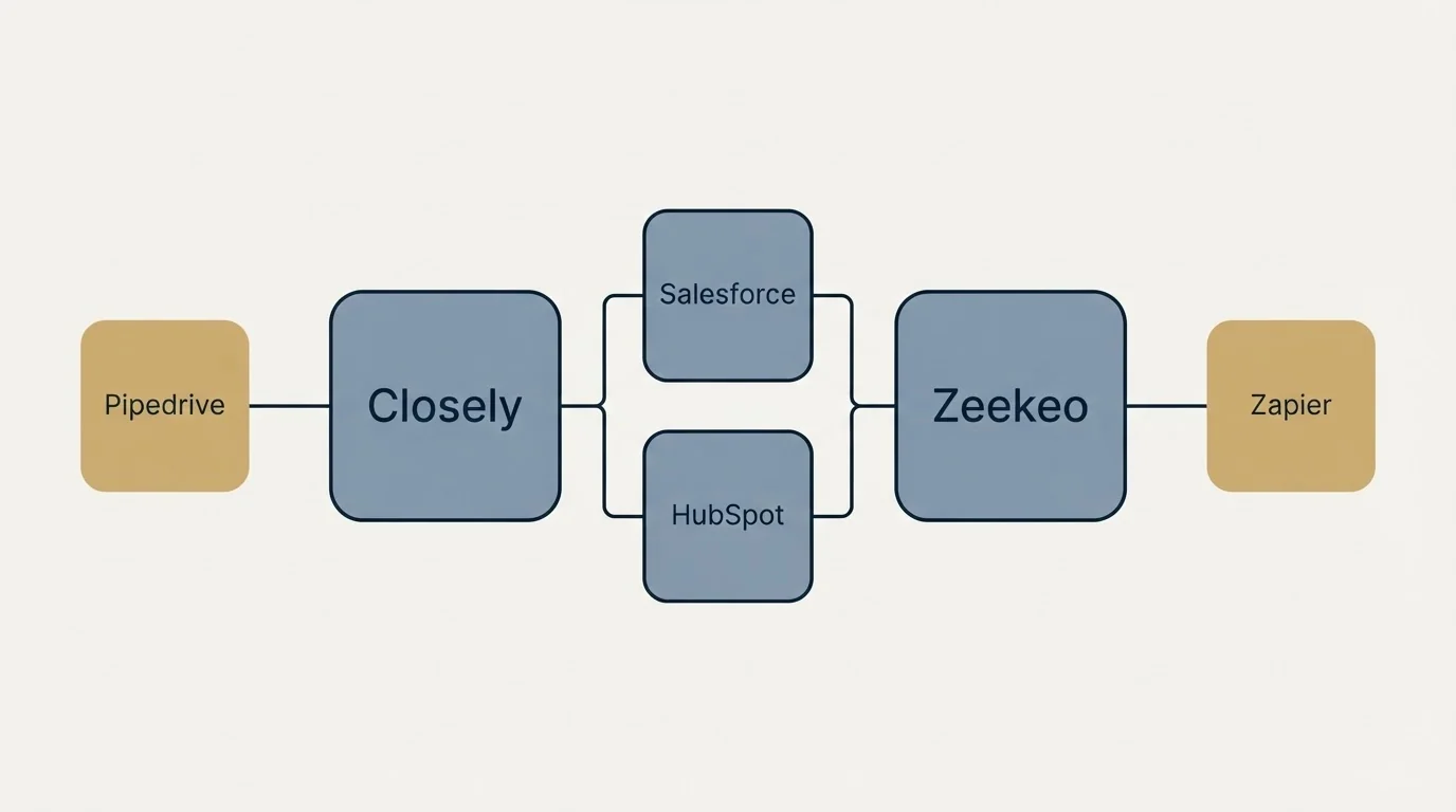 Integration flow: Integration Ecosystem (Closely, Zeekeo, Salesforce, HubSpot)