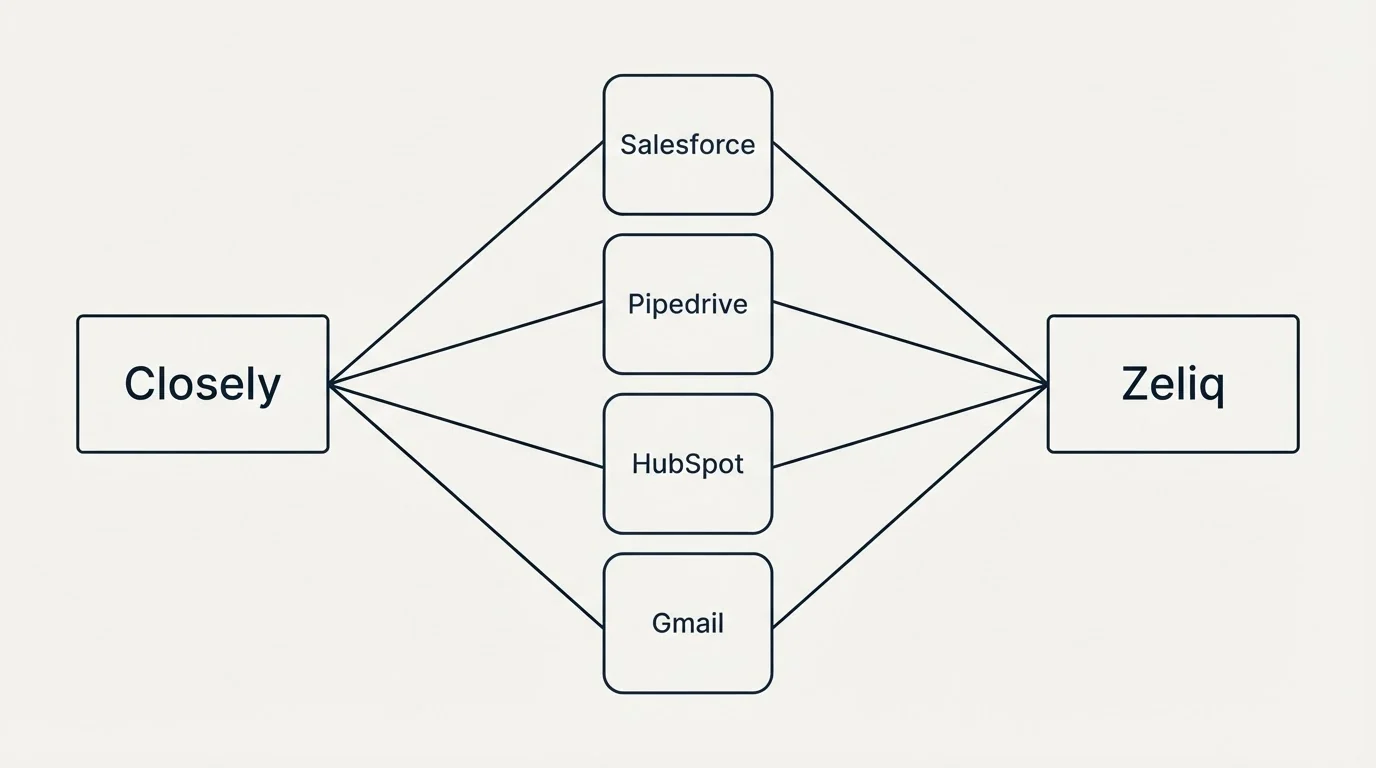 Integration flow: Integration Ecosystem (Closely, Zeliq, Salesforce, Pipedrive)
