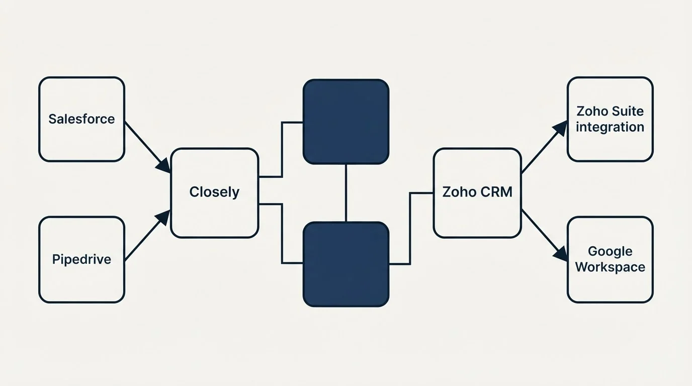 Integration flow: Integration Ecosystem (Closely, Zoho CRM, Salesforce, Zoho Suite integration)