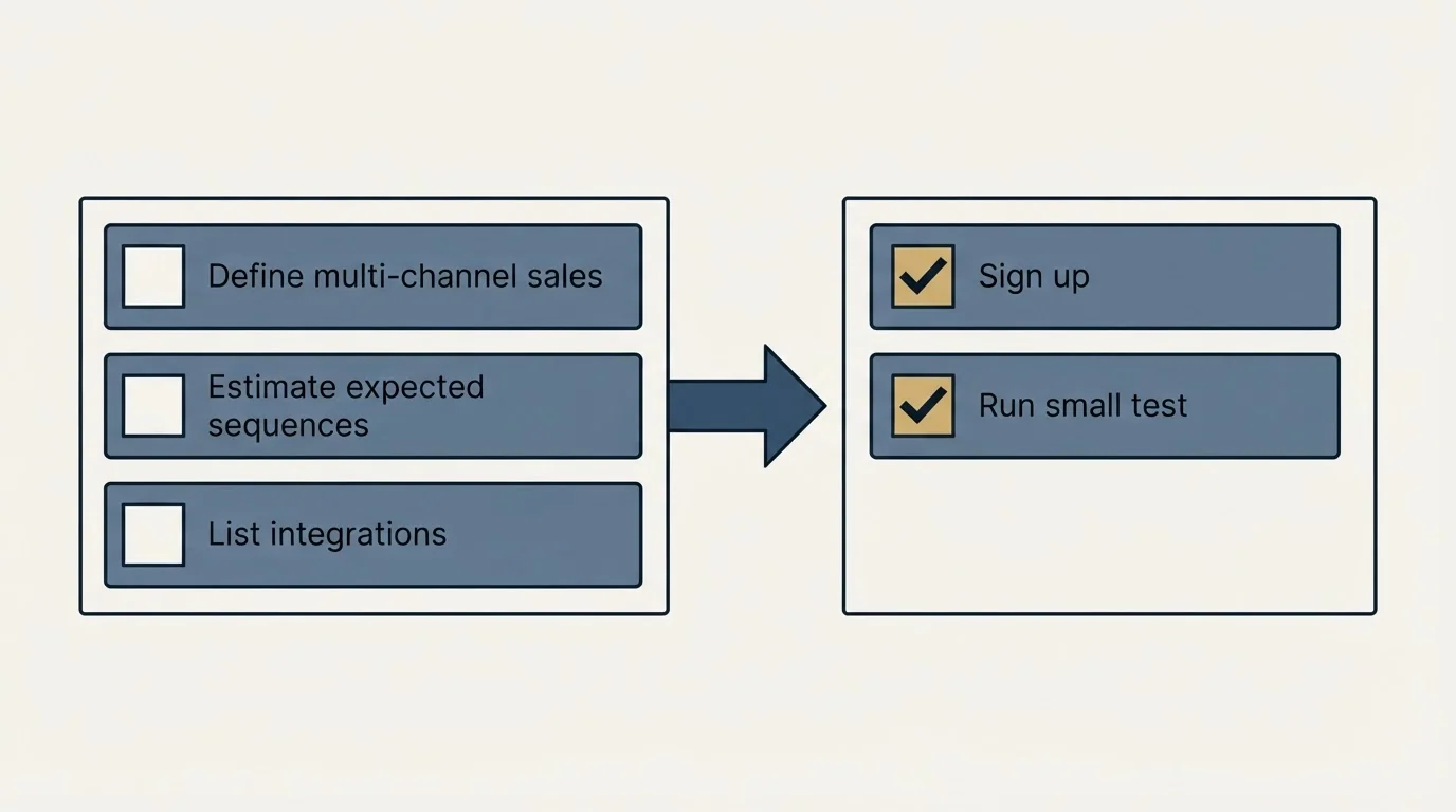 Before-and-after steps: Getting Started Checklist (Define multi-channel sales, Estimate expected sequences, List integrations, Sign up)
