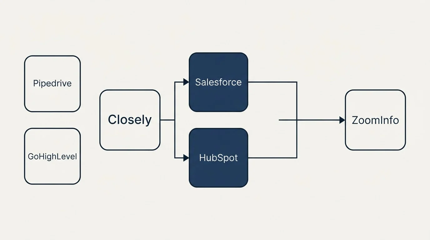 Integration flow: Integration Ecosystem (Closely, ZoomInfo, Salesforce, HubSpot)