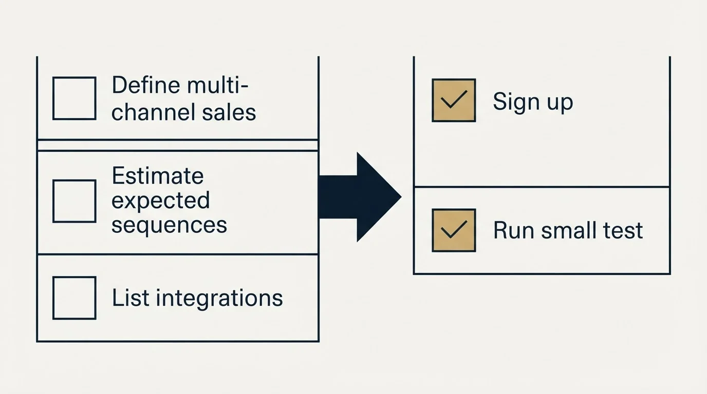 Before-and-after steps: Getting Started Checklist (Define multi-channel sales, Estimate expected sequences, List integrations, Sign up)