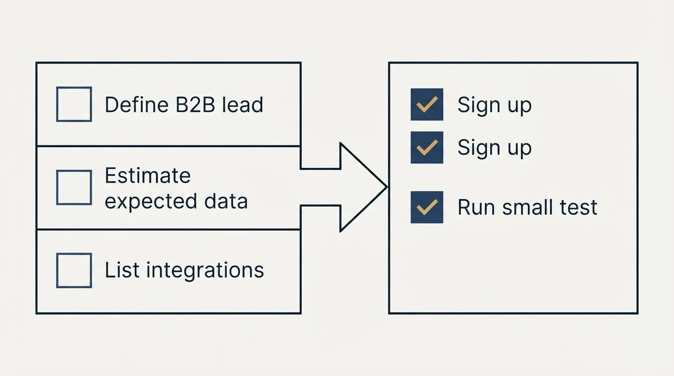 Before-and-after steps: Getting Started Checklist (Define B2B lead, Estimate expected data, List integrations, Sign up)