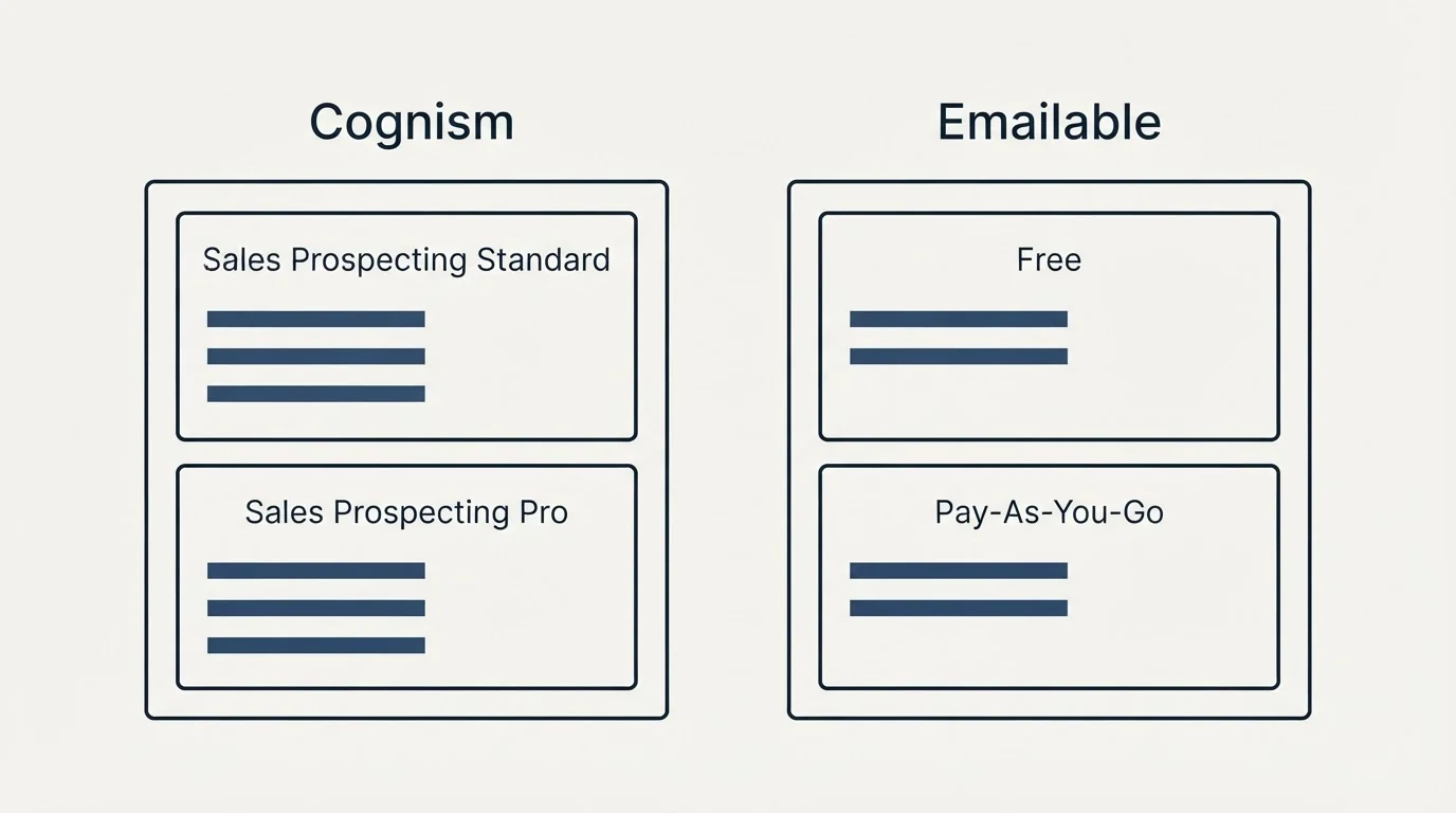 Pricing panels: Pricing Comparison (Cognism, Emailable, Sales Prospecting Standard, Free)