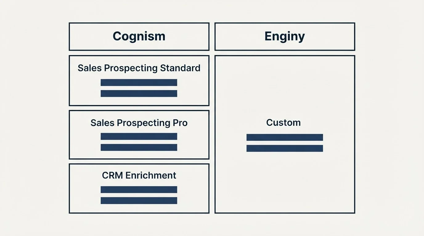 Pricing table: Pricing Comparison (Cognism, Enginy, Sales Prospecting Standard, Custom)