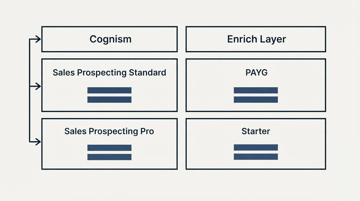 Pricing table: Pricing Comparison (Cognism, Enrich Layer, Sales Prospecting Standard, PAYG)