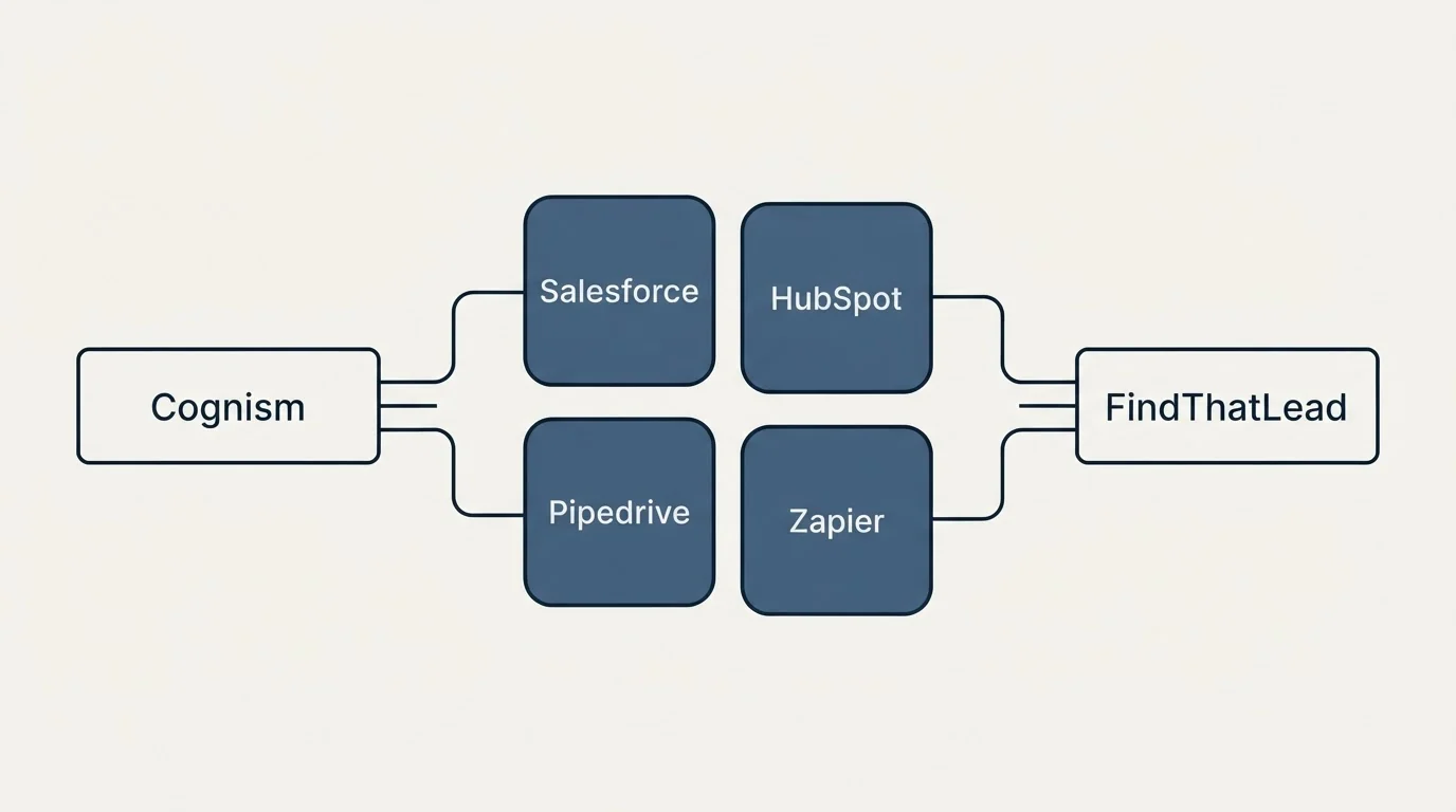 Integration schematic: Integration Ecosystem (Cognism, FindThatLead, Salesforce, HubSpot)