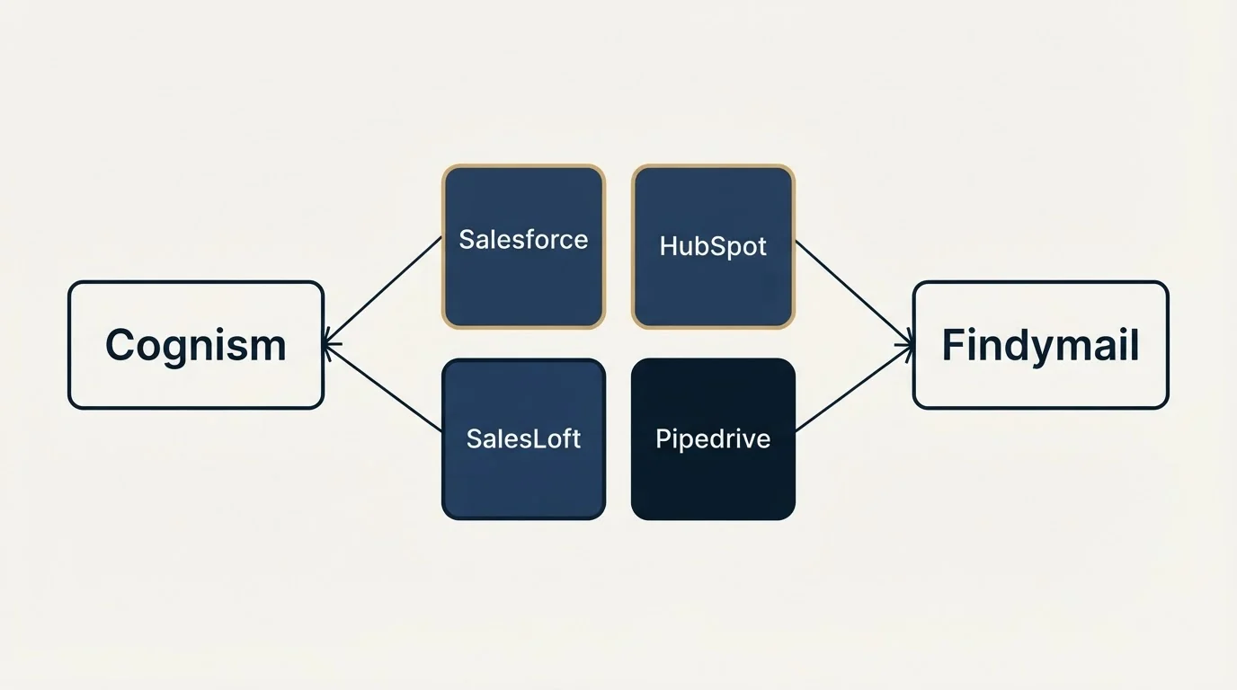 Integration schematic: Integration Ecosystem (Cognism, Findymail, Salesforce, HubSpot)