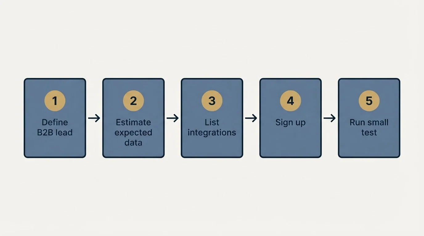Step sequence: Getting Started Checklist (Define B2B lead, Estimate expected data, List integrations, Sign up)