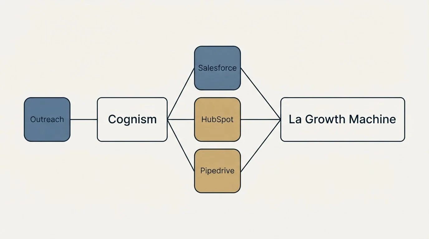 Integration schematic: Integration Ecosystem (Cognism, La Growth Machine, Salesforce, HubSpot)