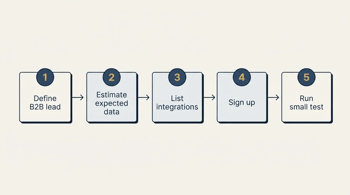 Step sequence: Getting Started Checklist (Define B2B lead, Estimate expected data, List integrations, Sign up)