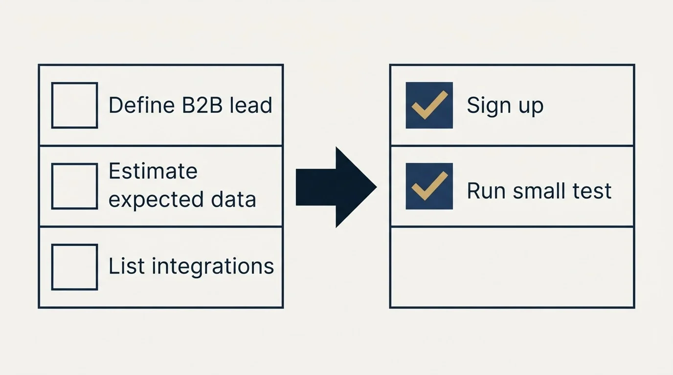 Before-and-after steps: Getting Started Checklist (Define B2B lead, Estimate expected data, List integrations, Sign up)