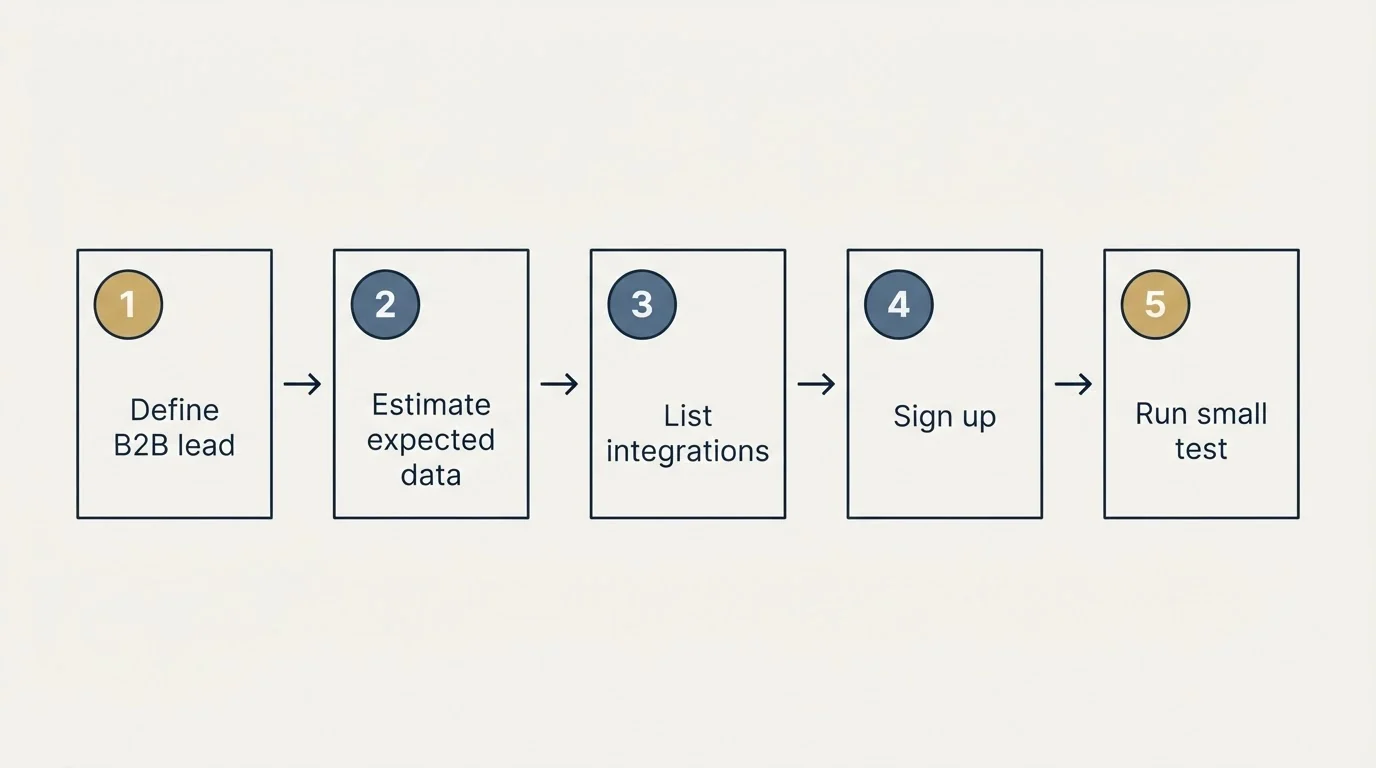 Step sequence: Getting Started Checklist (Define B2B lead, Estimate expected data, List integrations, Sign up)