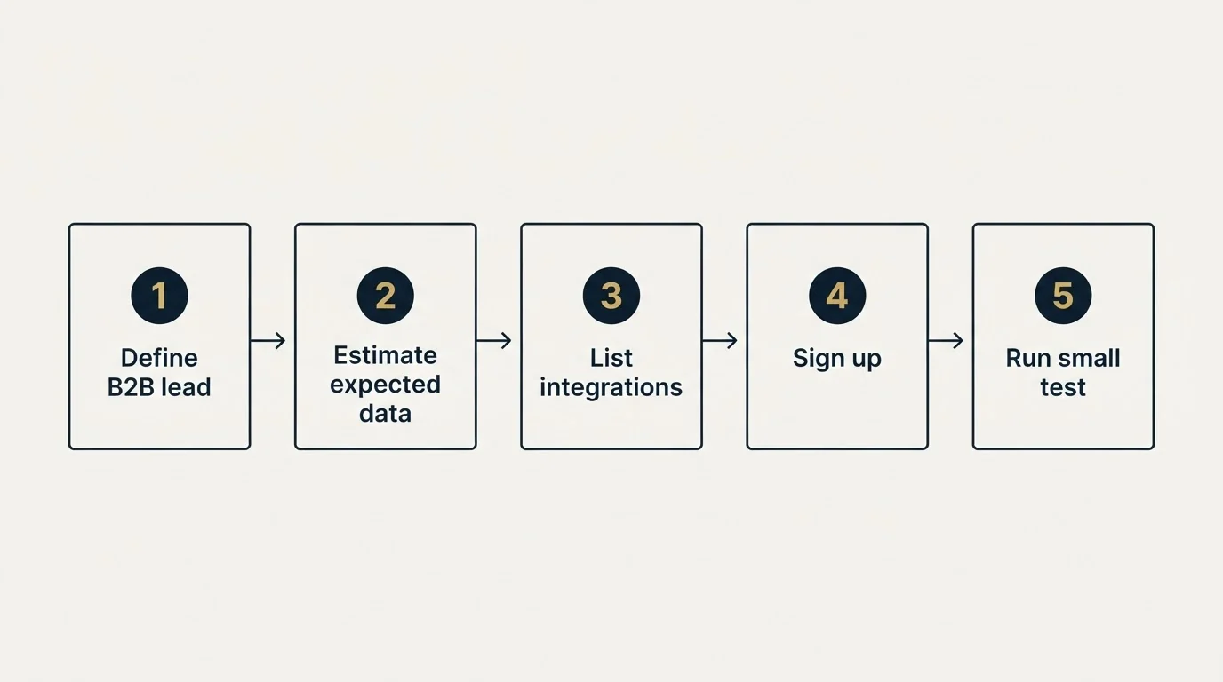 Step sequence: Getting Started Checklist (Define B2B lead, Estimate expected data, List integrations, Sign up)