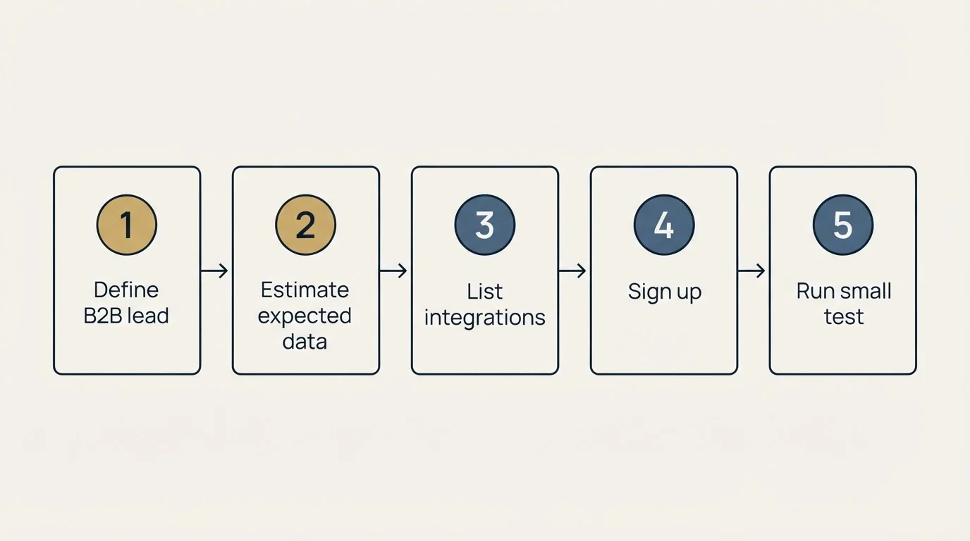 Step sequence: Getting Started Checklist (Define B2B lead, Estimate expected data, List integrations, Sign up)