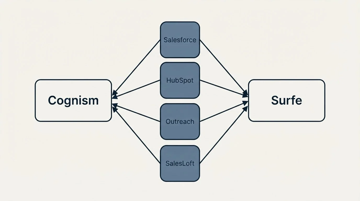 Integration schematic: Integration Ecosystem (Cognism, Surfe, Salesforce, HubSpot)