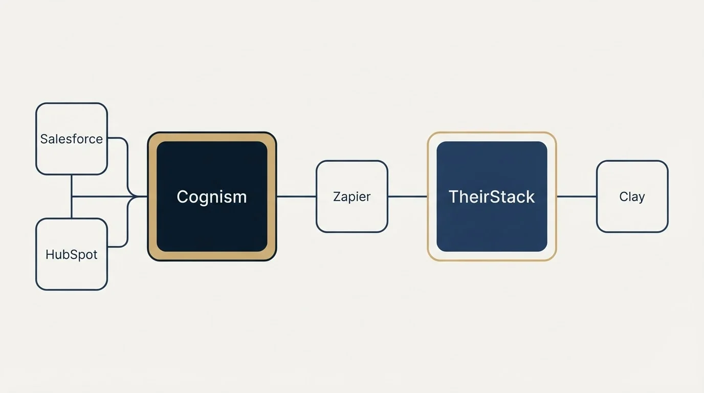 Integration schematic: Integration Ecosystem (Cognism, TheirStack, Zapier, Salesforce)
