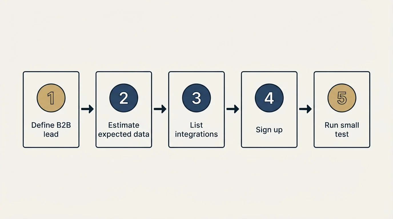 Step sequence: Getting Started Checklist (Define B2B lead, Estimate expected data, List integrations, Sign up)