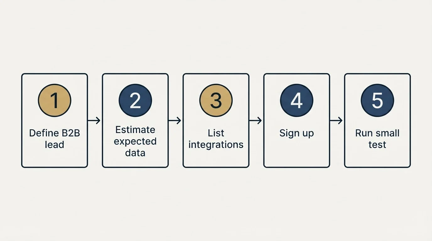 Step sequence: Getting Started Checklist (Define B2B lead, Estimate expected data, List integrations, Sign up)