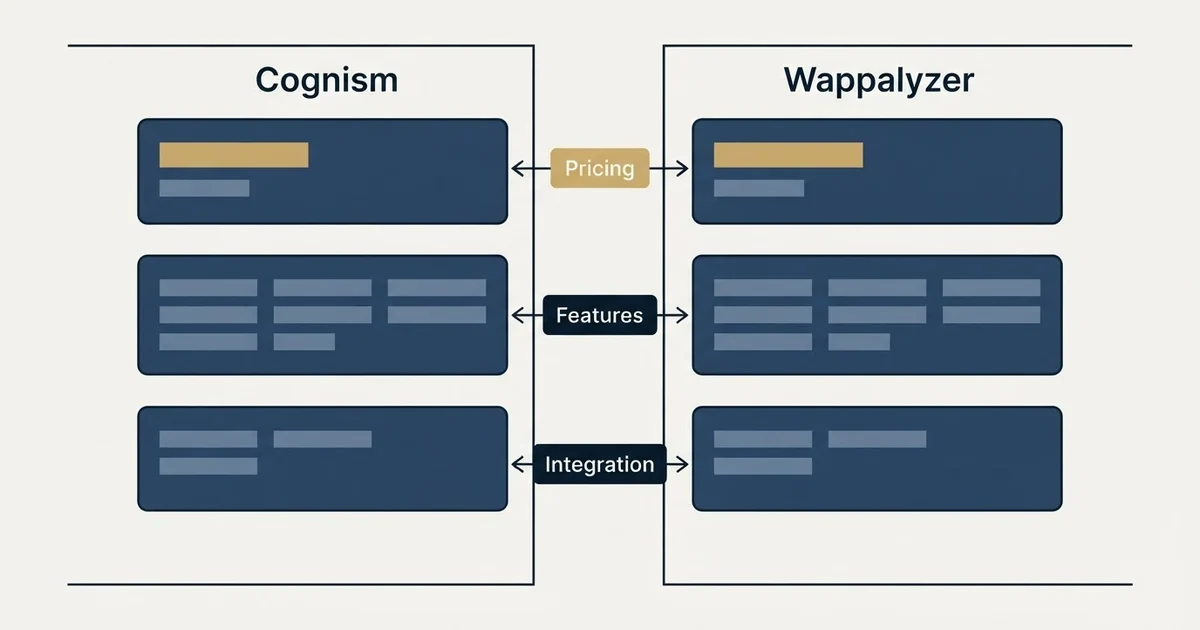 Comparison panel: Cognism vs Wappalyzer (Pricing, Features, Integration)
