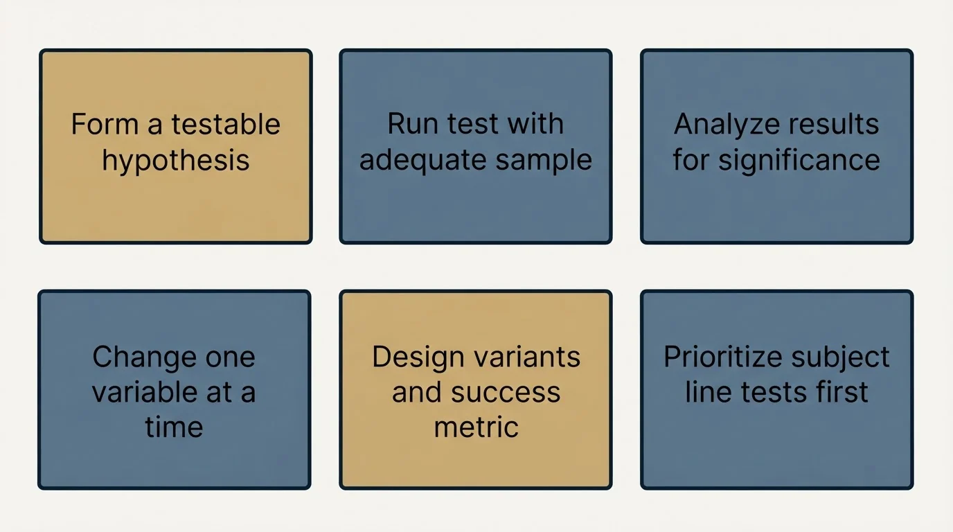 Schematic: Testing Framework and Process (Form a testable hypothesis, Design variants and success metric, Run test with adequate sample, Analyze results for significance)