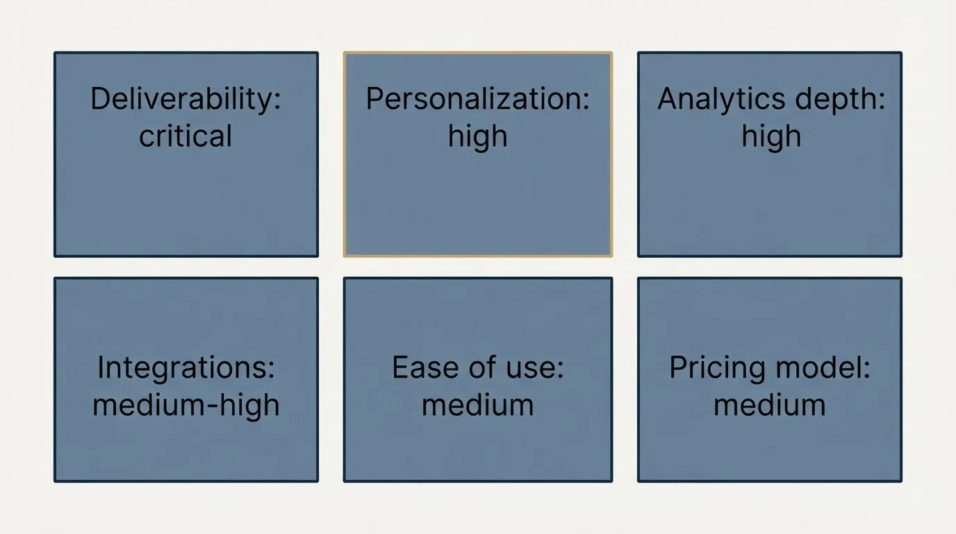 Schematic: Platform Performance Benchmarks (Deliverability: critical, Personalization: high, Analytics depth: high, Integrations: medium-high)