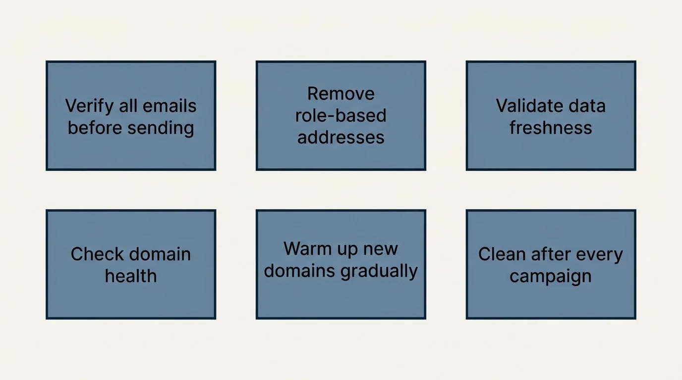 Schematic: Strategies to Reduce Bounce Rates (Verify all emails before sending, Remove role-based addresses, Validate data freshness, Check domain health)