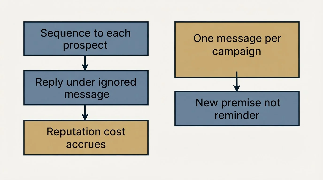 Schematic: Where we differ from standard practice (Sequence to each prospect, Reply under ignored message, Reputation cost accrues, One message per campaign)