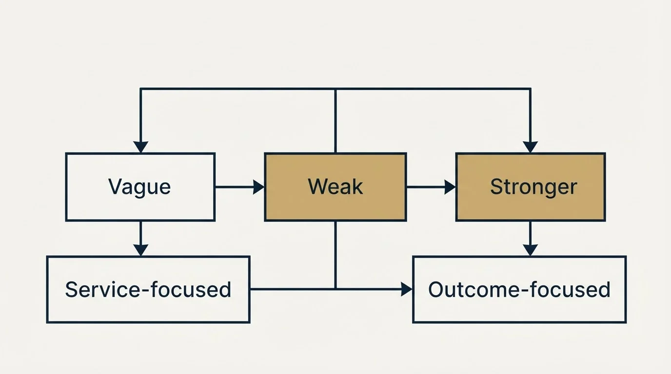 Schematic: Crafting Effective Agency Emails (Weak, Stronger, Service-focused, Outcome-focused)