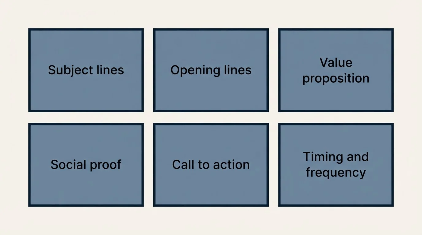 Schematic: What Works: Agriculture Cold Email Best Practices (Subject lines, Opening lines, Value proposition, Social proof)