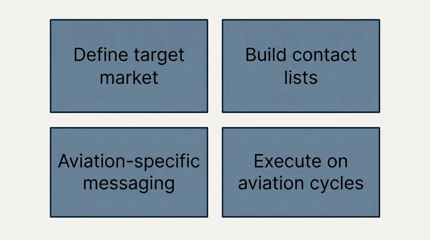 Schematic: Building Your Aviation Cold Email Program (Define target market, Build contact lists, Aviation-specific messaging, Execute on aviation cycles)