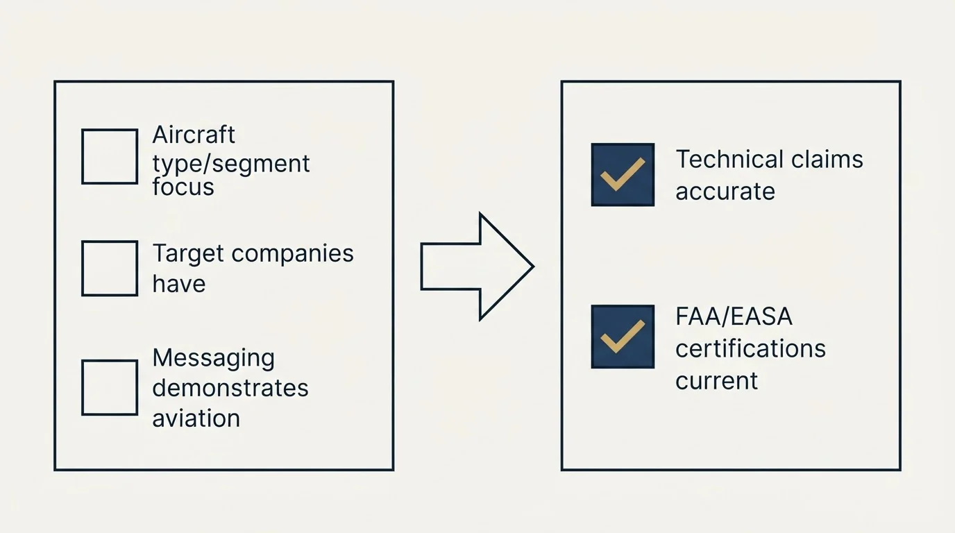 Before-and-after steps: Aviation Cold Email Checklist (Aircraft type/segment focus, Target companies have, Messaging demonstrates aviation, Technical claims accurate)