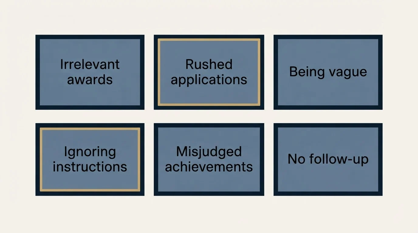 Schematic: Common Mistakes to Avoid (Irrelevant awards, Rushed applications, Being vague, Ignoring instructions)