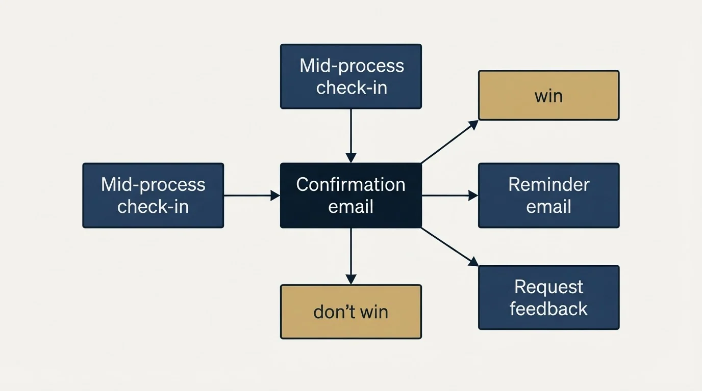 Schematic: Follow-Up Strategy (Confirmation email, Mid-process check-in, Reminder email, win)