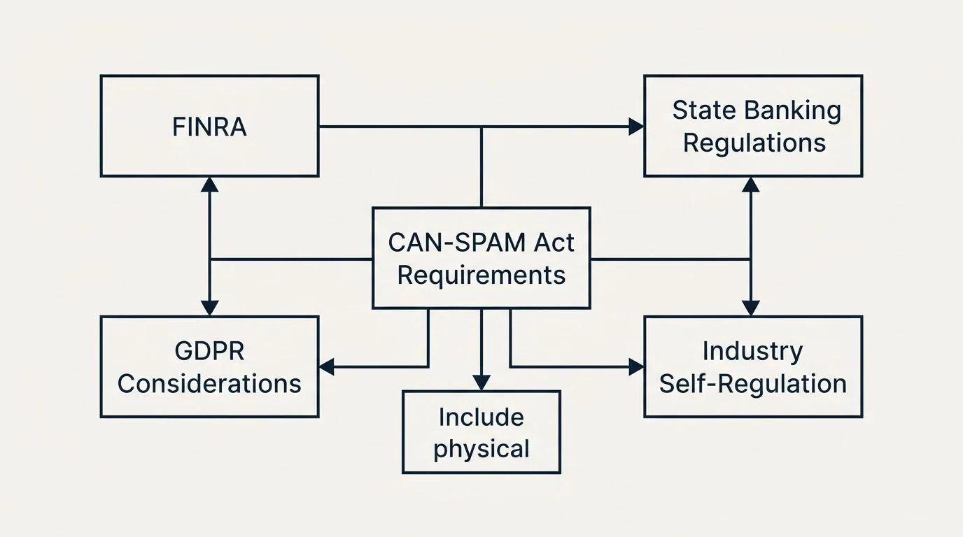 Schematic: Compliance Considerations (CAN-SPAM Act Requirements, FINRA, State Banking Regulations, GDPR Considerations)