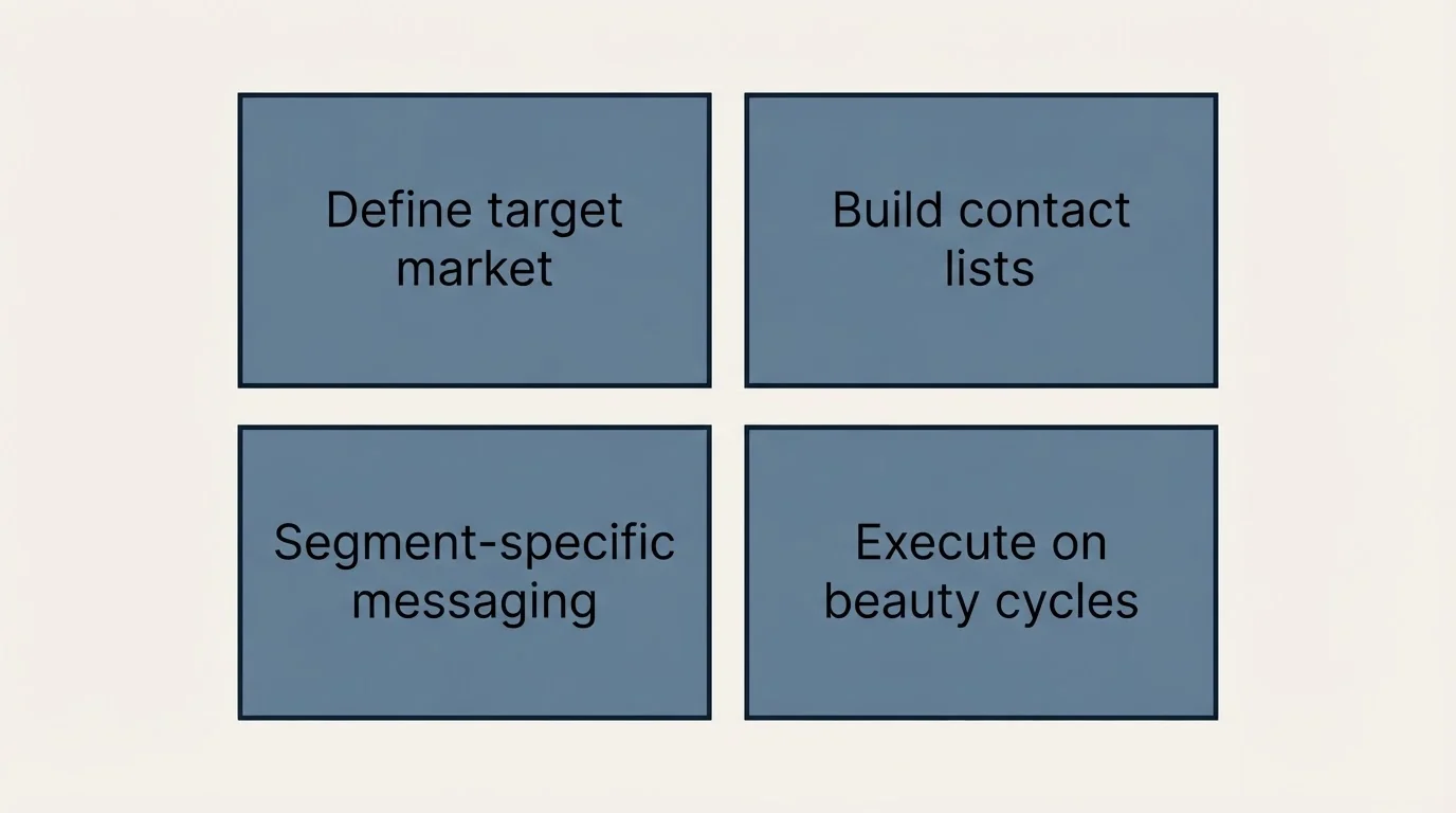Schematic: Building Your Beauty Cold Email Program (Define target market, Build contact lists, Segment-specific messaging, Execute on beauty cycles)