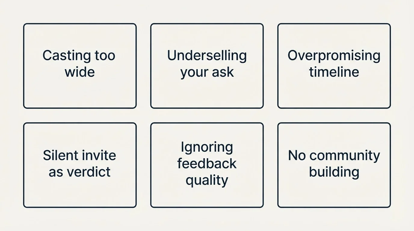 Schematic: Common Mistakes to Avoid (Casting too wide, Underselling your ask, Overpromising timeline, Silent invite as verdict)