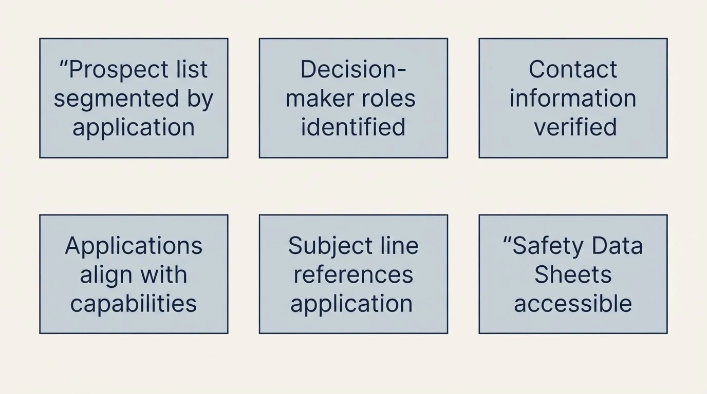 Schematic: Your Chemical Industry Cold Email Checklist (Prospect list segmented by application, Decision-maker roles identified, Contact information verified, Applications align with capabilities)