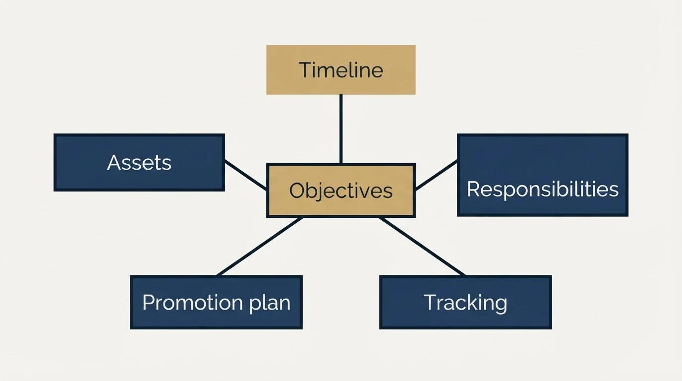 Schematic: Planning and Executing Co-Marketing Campaigns (Objectives, Timeline, Responsibilities, Assets)