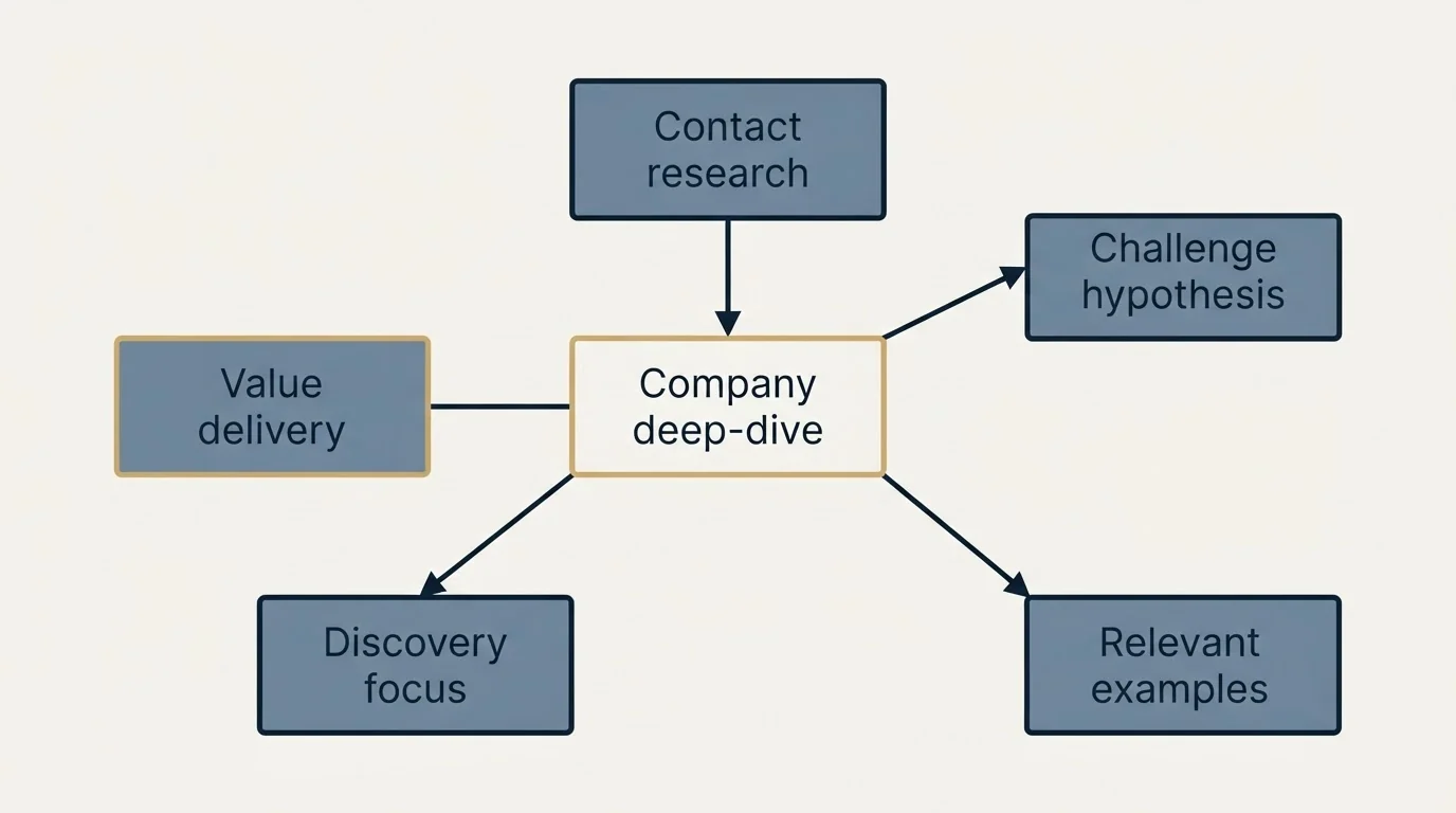 Schematic: From Consultation to Engagement (Company deep-dive, Contact research, Challenge hypothesis, Relevant examples)