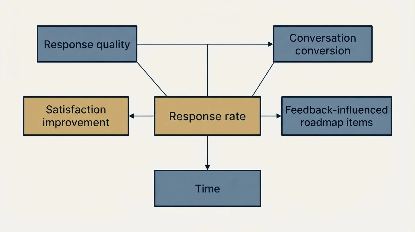 Schematic: Measuring Feedback Program Effectiveness (Response rate, Response quality, Conversation conversion, Feedback-influenced roadmap items)