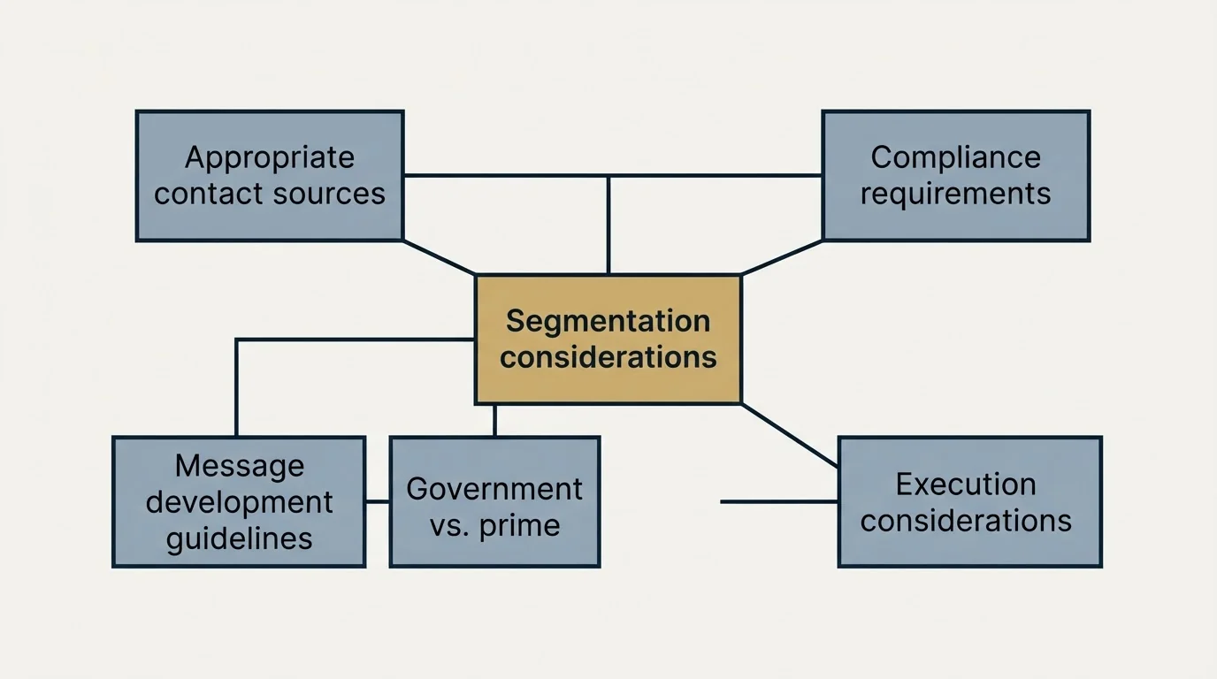 Schematic: Building Your Defense Cold Email Program (Segmentation considerations, Appropriate contact sources, Compliance requirements, Message development guidelines)